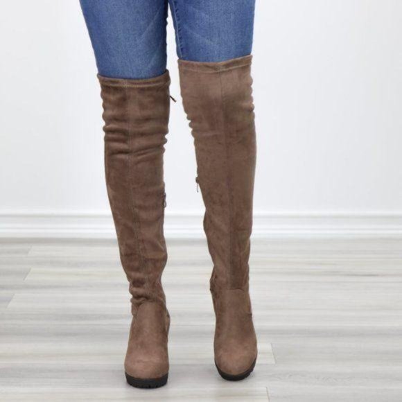 Taupe Thigh High Suede Boots Lug Chunky Heel - Picture 9 of 15